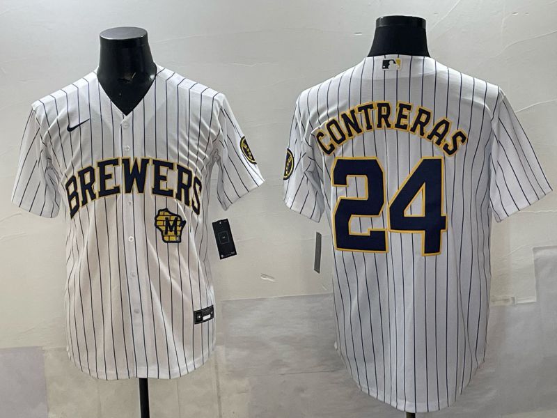 Men Milwaukee Brewers #24 Contreras White Stripe Nike MLB 2025 Jersey 05->milwaukee brewers->MLB Jersey